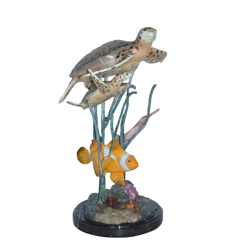 Statue en bronze Earline, deux tortues et poisson-clown Nemo - Taille: L 18 po x l 15 po x H 26 po.