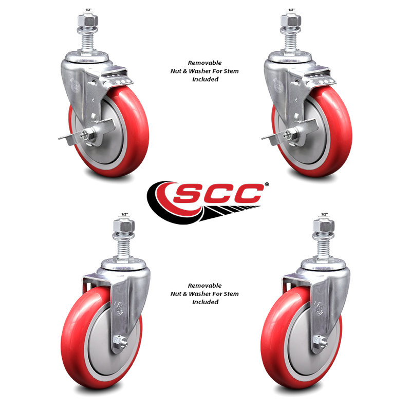 Polyurethane Wheel Swivel ½ Inch Threaded Stem Caster with Brake