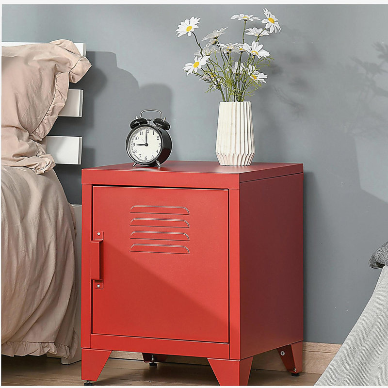 Table de bout industrielle de salon, table d'appoint de salon avec porte de style casier et tablette réglable, rouge