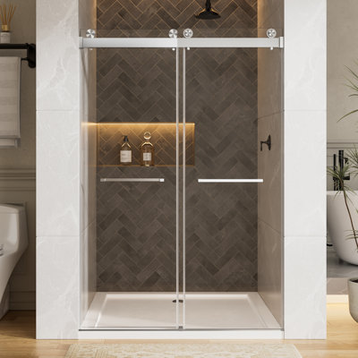 Porte de douche coulissante double sans cadre de 56 à 60 po x H 76 po en verre trempé 5/16 po avec film antidéflagrant, quincaillerie en acier inoxydable et nickel brossé