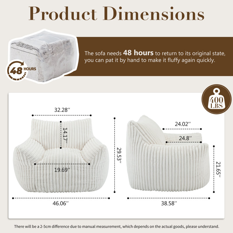 Compression Bean bag chair comes with a spacious size, corduroy loveseat., Beige Corduroy