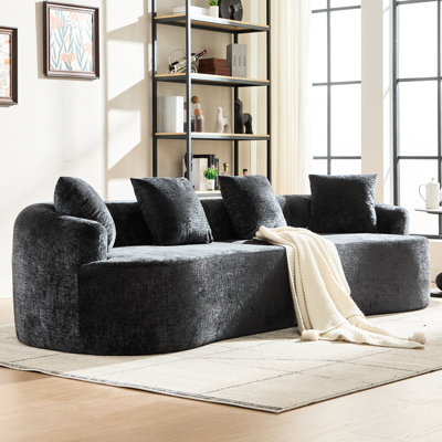 Petit canapé incurvé en chenille, 3 coussins décoratifs, idéal pour les grands espaces, aucun assemblage requis, mousse à mémoire de forme pour un confort optimal toute la journée, résistant aux animaux et au boulochage, 96 cm de large, 78 cm de hauteur, 19 kg, chenille noire, confort accru