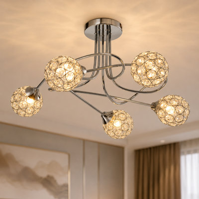 Plafonnier semi-encastré en forme de sphère en cristal de luxe moderne à 5 lumières de 19,7 po de forme ombrée pour chambre à coucher / chambre à coucher / couloir / entrée
