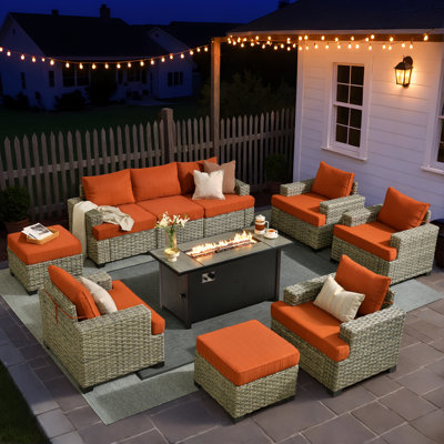 Sturgill 10-Piece Modular Patio Sectional Sofa Set with Armchairs And Ottomans,Outdoor Seating Group with Rectangular Fire Pit Table