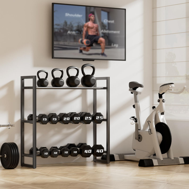 Support réglable à 3 niveaux pour haltères, support de rangement robuste en métal pour haltères, kettlebells et plus encore, organisateur de salle de gym à domicile peu encombrant