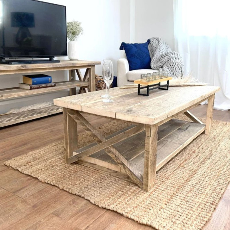 Abbigail Solid Wood Floor Shelf Coffee Table with Storage, Medium Oak, 40" H x 60" L x 66" W