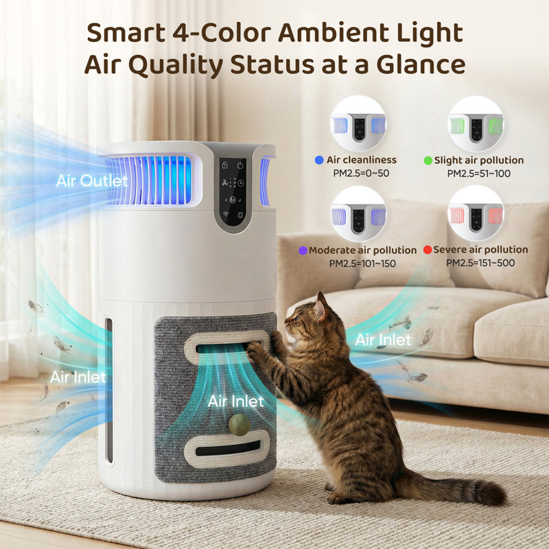 Purificateur d'air pour animaux de compagnie avec jouet pour chat interactif, capteur intelligent P².5 et contrôle de l'application - Élimine les poils et les odeurs d'animaux