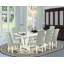 Ensemble de table 9 pièces - 8 chaises de cuisine avec siège en lin bleu bébé et dossier capitonné à boutons - Plateau de table rectangulaire en ciment - Lin brossé blanc.-1102748759-1102748754-1134190156