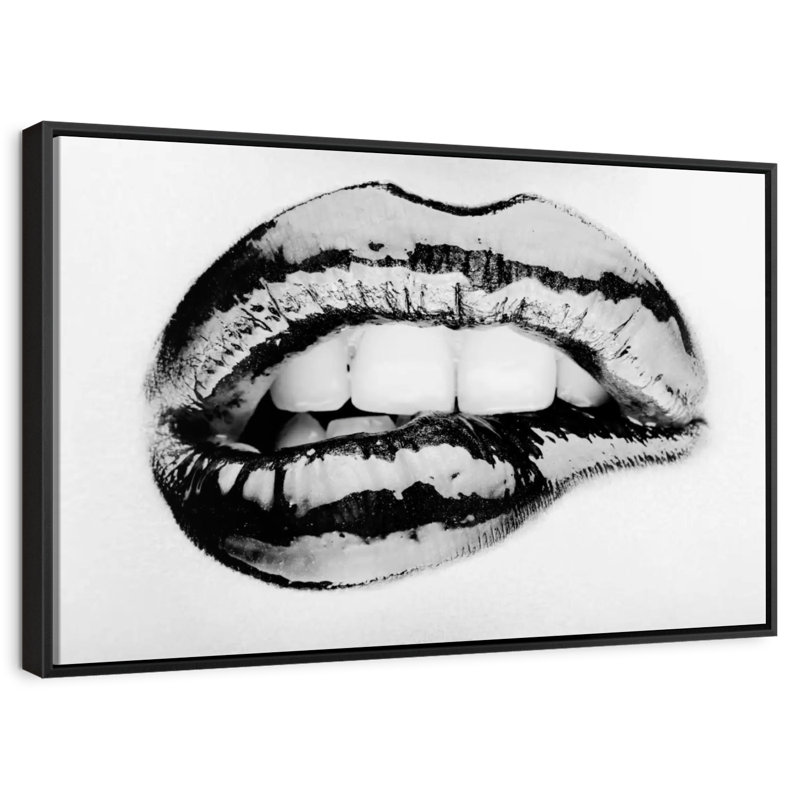 Lèvre mordante monochrome, 46 po x 31 po, Cadre flottant noir