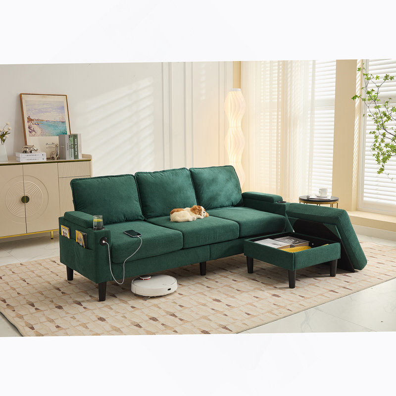 3-Seat Combo Sofa with Storage Ottoman,Sectional Couch, L Shaped Bench with A Footrest, Green