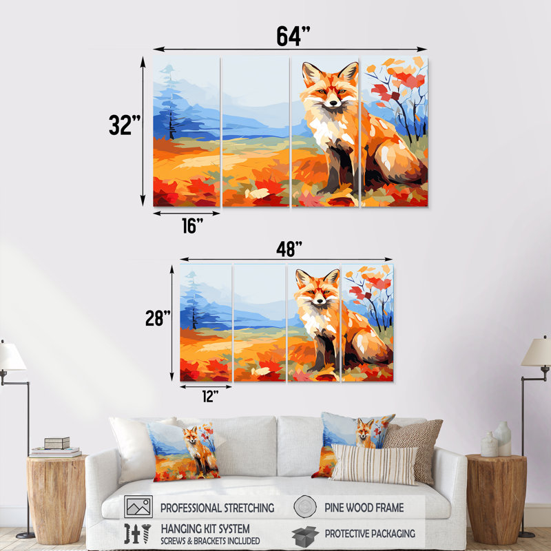 Orange Foxes Leaf Adventure III - ensemble de 4 décorations murales renard, H 32 po x l 64 po
