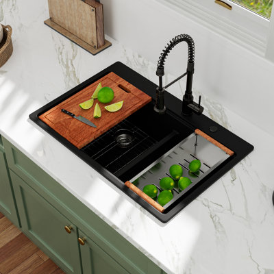 33'' L × 22'' W Quartz Drop-In Workstation Kitchen Sink, Black Granite Composite 60/40 Double Bowl Kitchen Sink with Sink Grid, Strainer, Cutting Board, Colander and Roll-up Rack