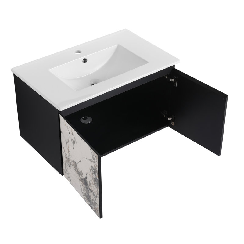 Meuble-lavabo mural flottant 30 po avec lavabo en céramique et porte d'armoire à fermeture en douceur, ensemble KD