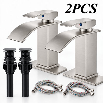Mosson 2-Piece Brushed Nickel Waterfall Basin Faucet Set with 6-Inch Deck Plates and Pop-Up Drains