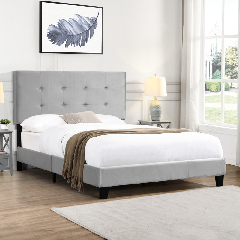 Lit tapissier pleine grandeur gris, tête de lit, support à lattes de bois, sommier, aucun sommier requis, assemblage facile, 58,85 po Profondeur de l'emballage du lit avec l'écurie nécessaire, capacité de poids maximale de 600 lb