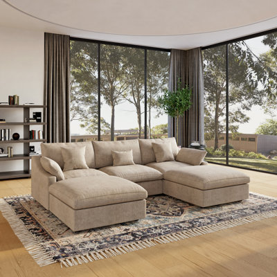 Elowen U-Shaped Modular Sectional Plush Sofa With Movable Ottoman