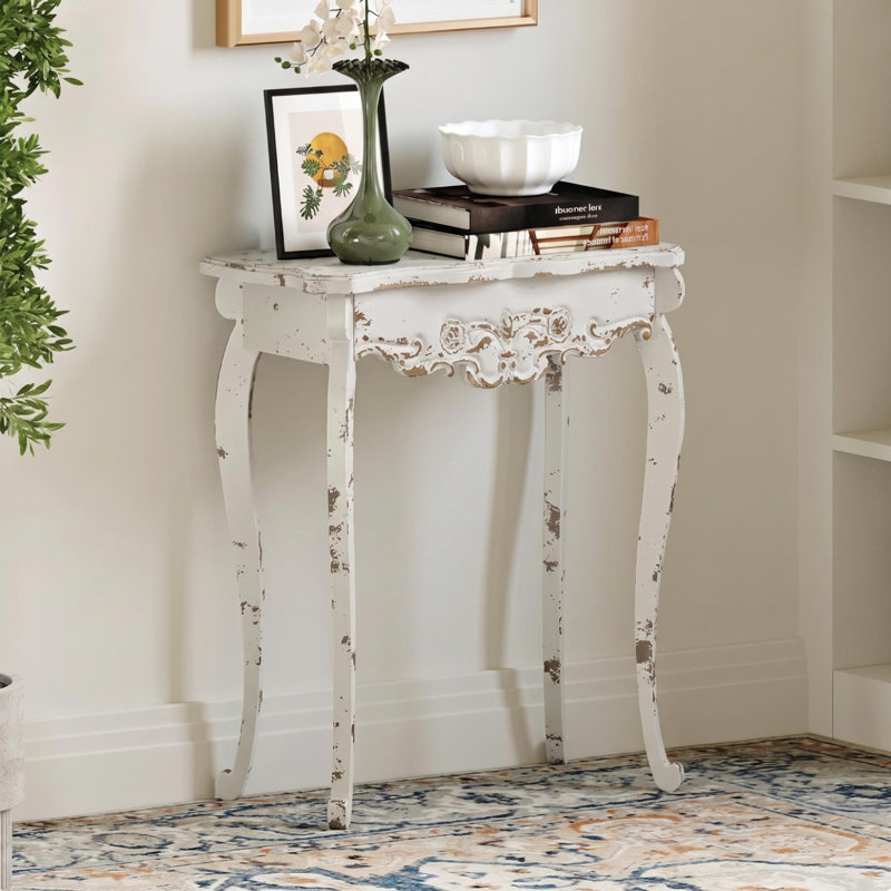 Ophelia & Co. Solid Wood & MDF French Country Antique Console Table - Classic Entryway Design with Distressed Finish and Carved Details