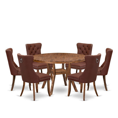 7-Pc Mid Century Dining Set Consist a Table and 6 Burgundy Polyester fabric Upholstered Chairs with Button-Tufted Back, Antique Walnut