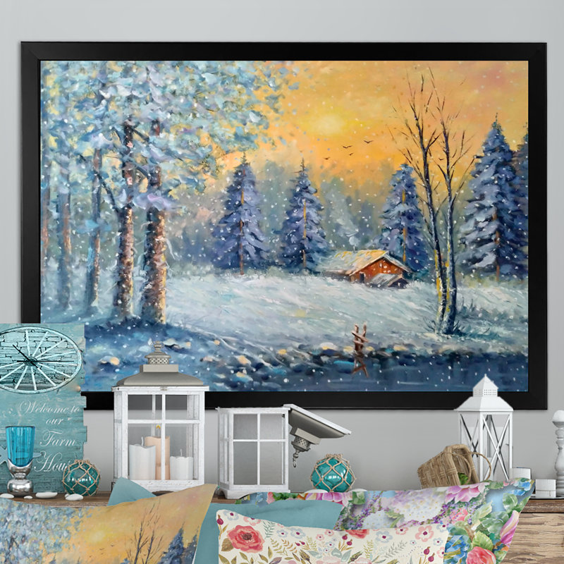 «Cottage In Forest pendant Noël», reproduction sur toile flottante, Cadre noir, H 8 po x l 12 po x P 1 po