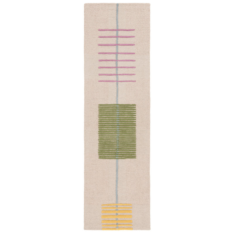 Tapis rayé vert / beige en laine / coton touffeté à la main Genres, Tapis de couloir 2 pi 3 po x 8 pi