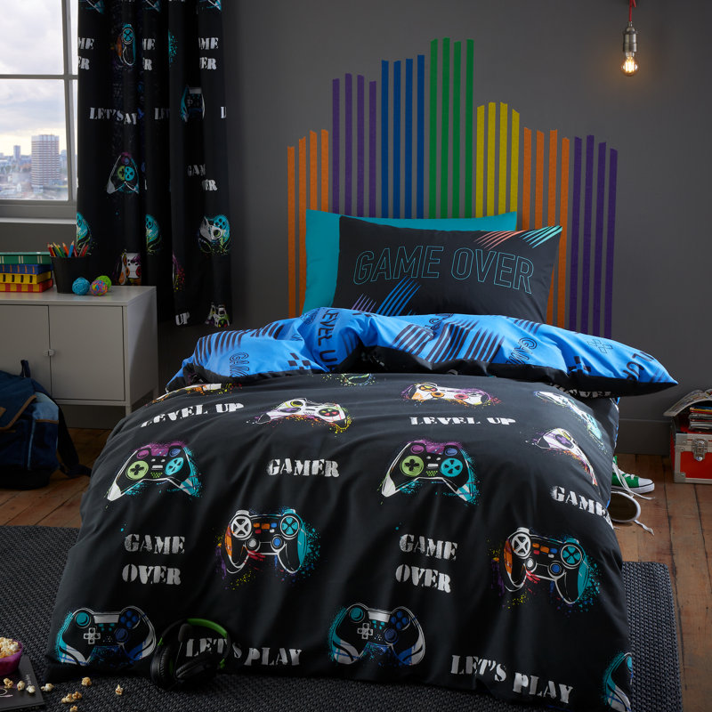 Game Over Reversible Duvet Cover Set with Pillowcases with Pillowcases Black, Double
