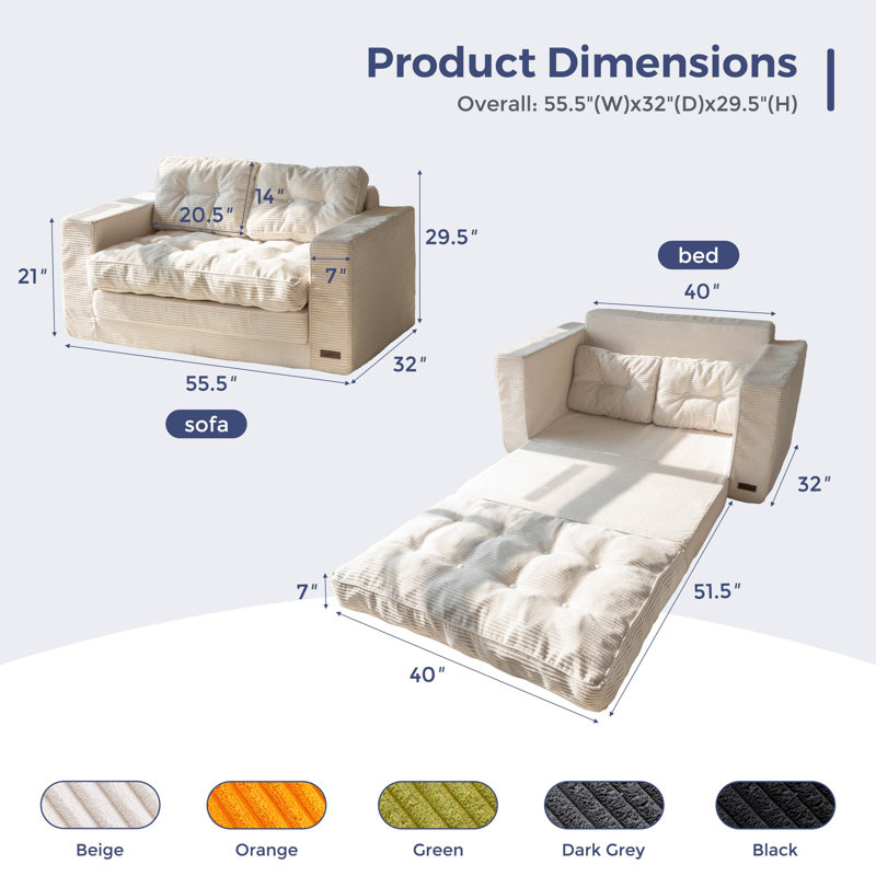 Bean Bag sofa,Floor Sofa Bed Loveseat, 29.5" H x 55.5" W x 32" D, Beige Corduroy