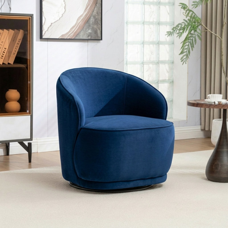 Stith Velvet Upholstered Swivel Barrel Chair, Navy