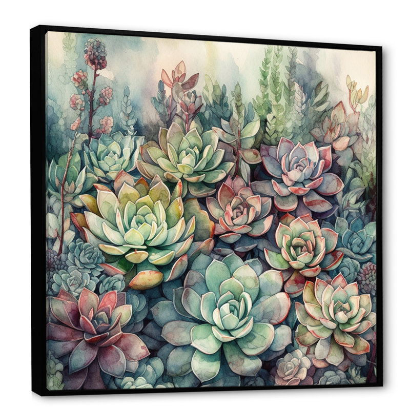 «Haidan Green Red Cactus Scenery I», reproduction sur toile, H 16 po x l 16 po, Cadre flottant noir