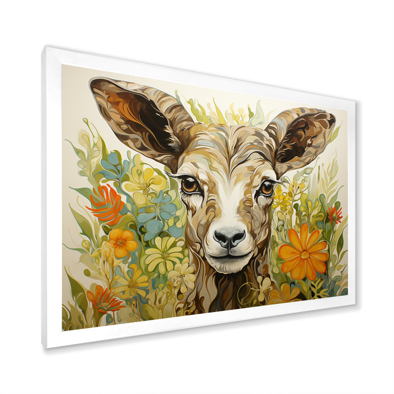 «Brown Goat Farm Meadow III», art mural animal de chèvre, Cadre d'angle fermé blanc, H 24 po x l 32 po x P 1 po