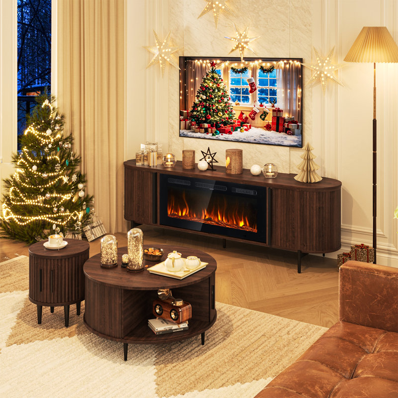 70" Fireplace Tv Stand And Coffee Table Set With Hidden Storage: Flip-top Lid & Sliding Doors, Brown
