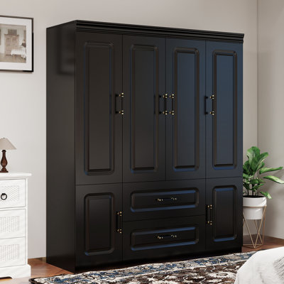 4-Door Armoire Wardrobe Closet With Drawers, Freestanding Armoire Closet With Hanging Rod, Black by Lark Manor