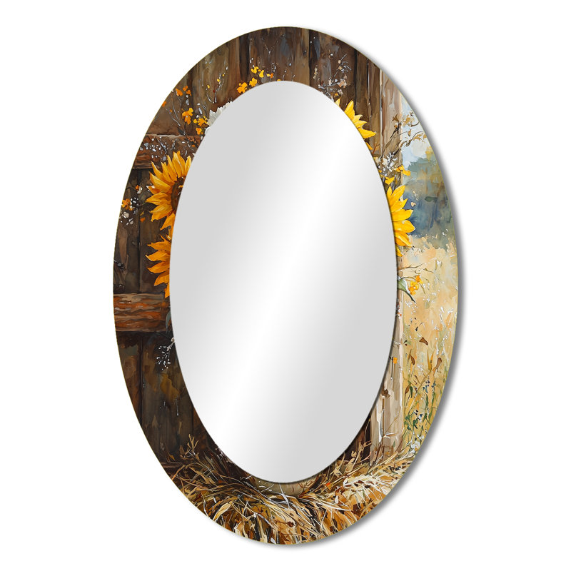 Tournesol et bouquet de pivoines à la ferme I - Miroir décoratif floral ovale sur métal, 36 po x 24 po