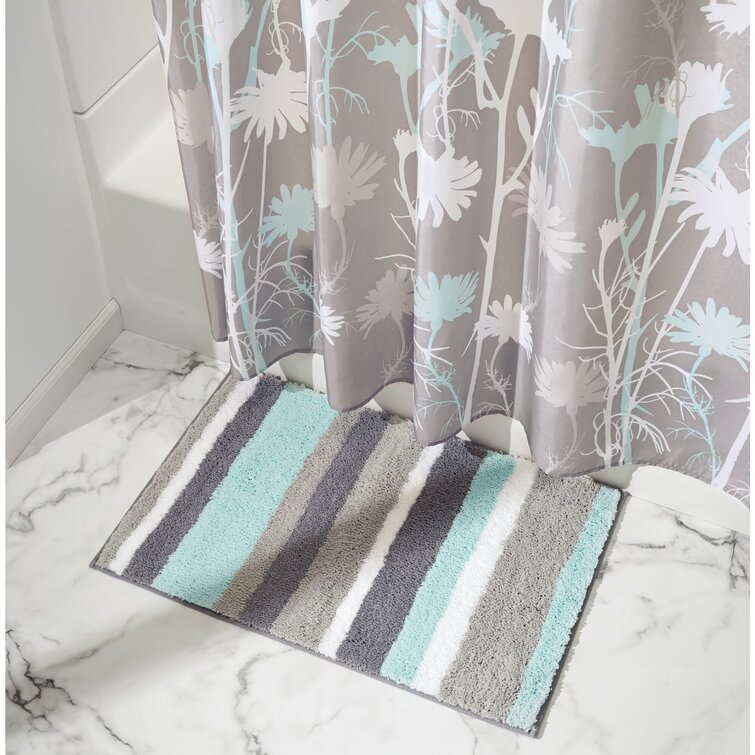 Padded Grey Blue Striped Soft Linen Bath Mat Washable Floor 