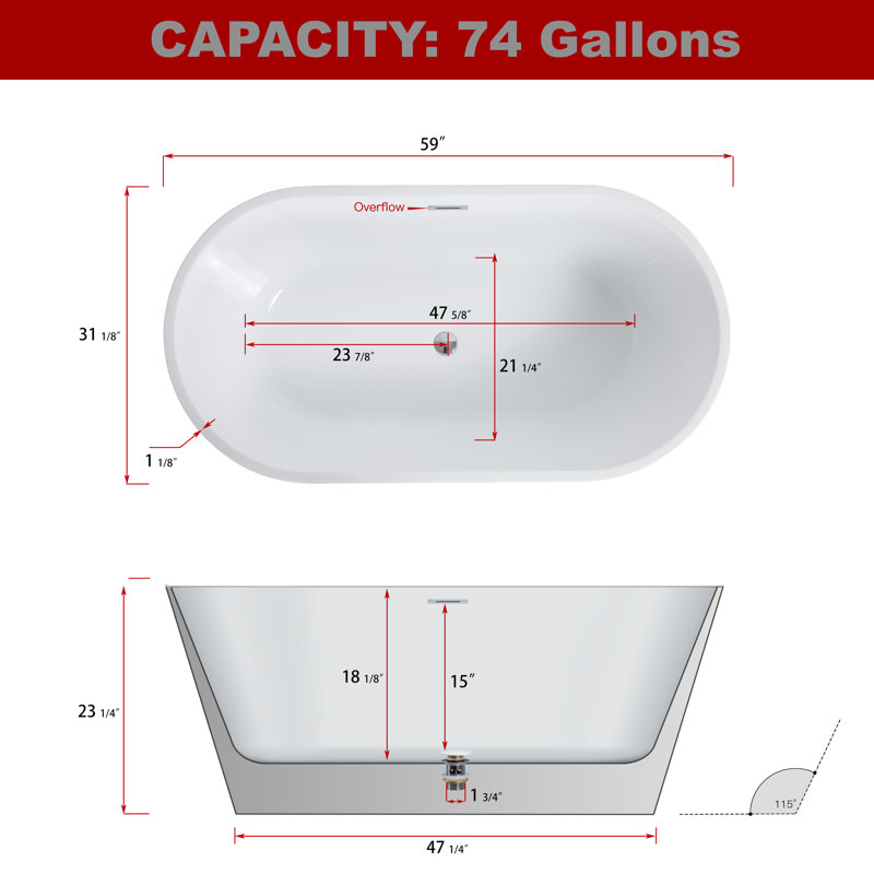 59'' x 31.1'' Freestanding Soaking Acrylic Bathtub