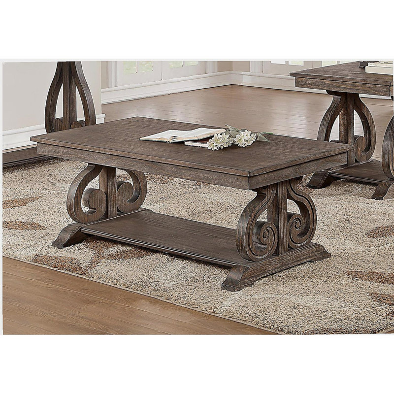 Table basse classique classique, avec une base en chêne foncé, un support de base à bords roulés, 1 table basse de salon en bois