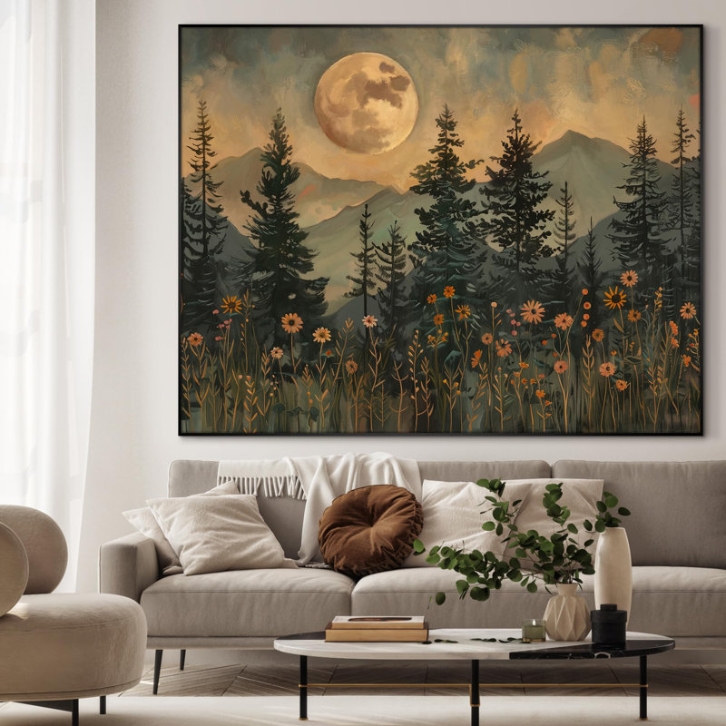 «Enchanted Forest Nightscape with Moon Nature», très grande reproduction d'art encadrée (assemblage requis)