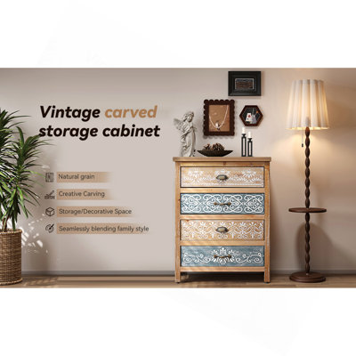 Commode vintage à 4 tiroirs avec motif en bois patiné et orné, commode de rangement rustique pour chambre à coucher / salon
