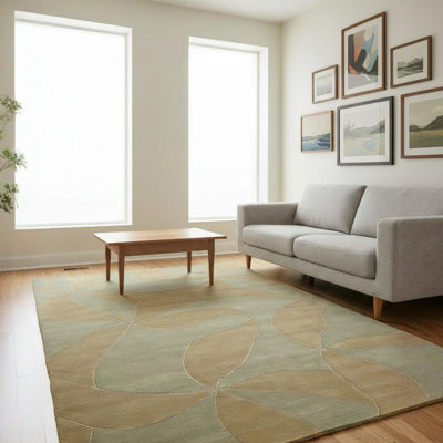 Tapis abstrait en laine noué à la main brun, crème et vert Callida
