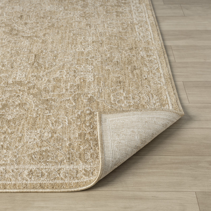 Mulay Floral Farmhouse High-Low/Carved Polyester Area Rug, Beige/Gold, Rectangle 6' x 9'3"
