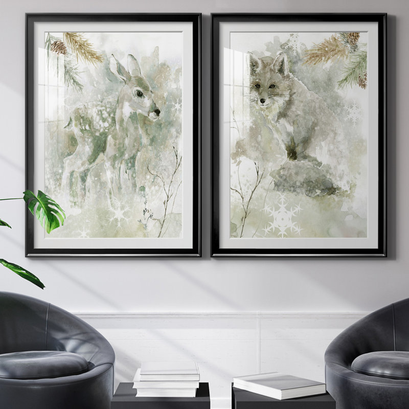 Winter Lodge Fawn - ensemble de 2 reproductions d'art, H 30,5 po x l 85 po x P 1,5 po, Papier encadré noir, Blanc