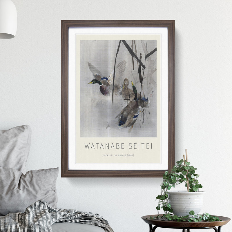 Ducks In The Rushes by Watanabe Seitei - Single Picture Frame Print, 48cm H x 36cm W x 2cm D, Walnut Framed