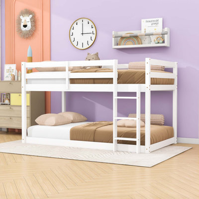 Twin Over Twin Wood Floor Bunk Bed With Strengthened Slats,  Ladder And Guardrails