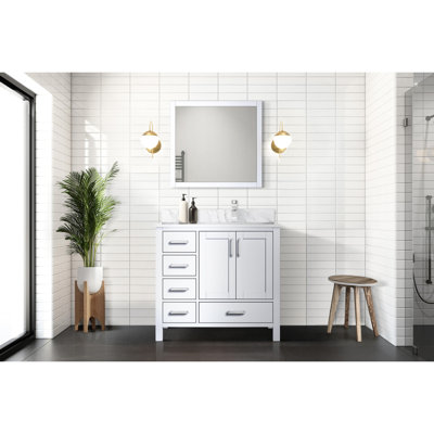 Meuble-lavabo blanc 36 po Large et profond de 22 po, comptoir en marbre décalé à droite, robinet, fonction de fermeture en douceur, armoire intérieure, cinq tiroirs de rangement, surface de travail, salle de bain monotrou avec