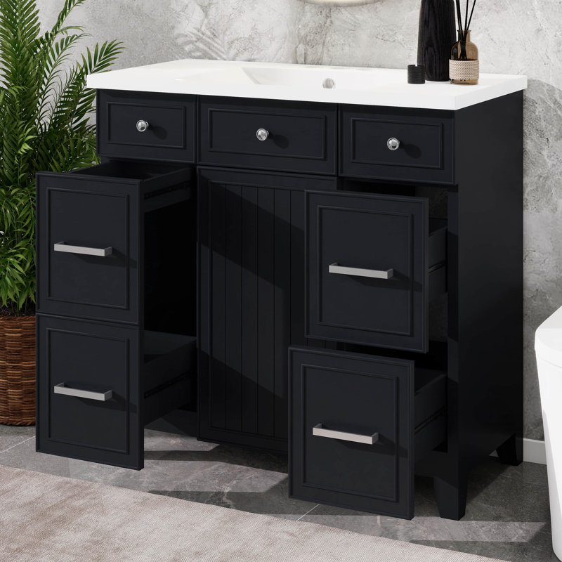 Meuble-lavabo de 36 po sans lavabo, armoire de salle de bain autoportante en bois avec une armoire et trois tiroirs pour la salle de bain