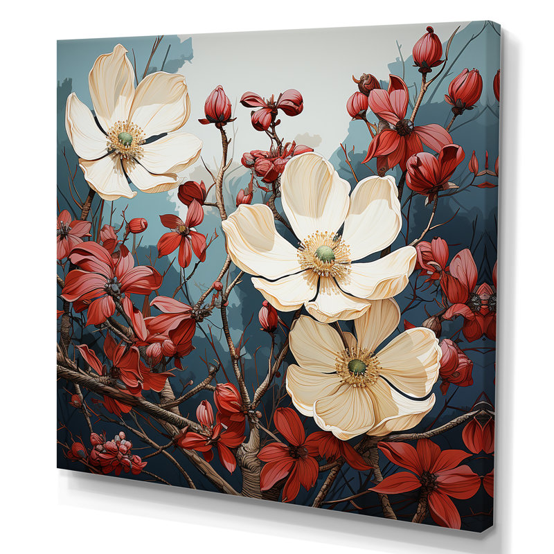 Fleur de cornouiller tranquille blanche et rouge II - cornouiller, H 16 po x l 16 po x P 1 po, Toile tendue