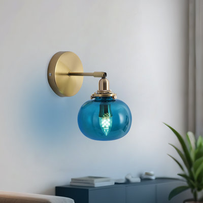 Modern Copper Blue Glass Ball Wall Sconce Mid Century Wall Mounted Light With Bedside