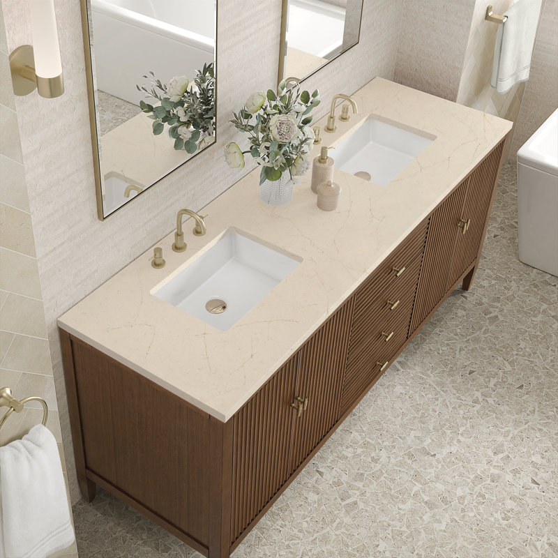 Myrrin 72'' W Double Vanity, Mid-Century Walnut, White Zeus, 8" Widespread