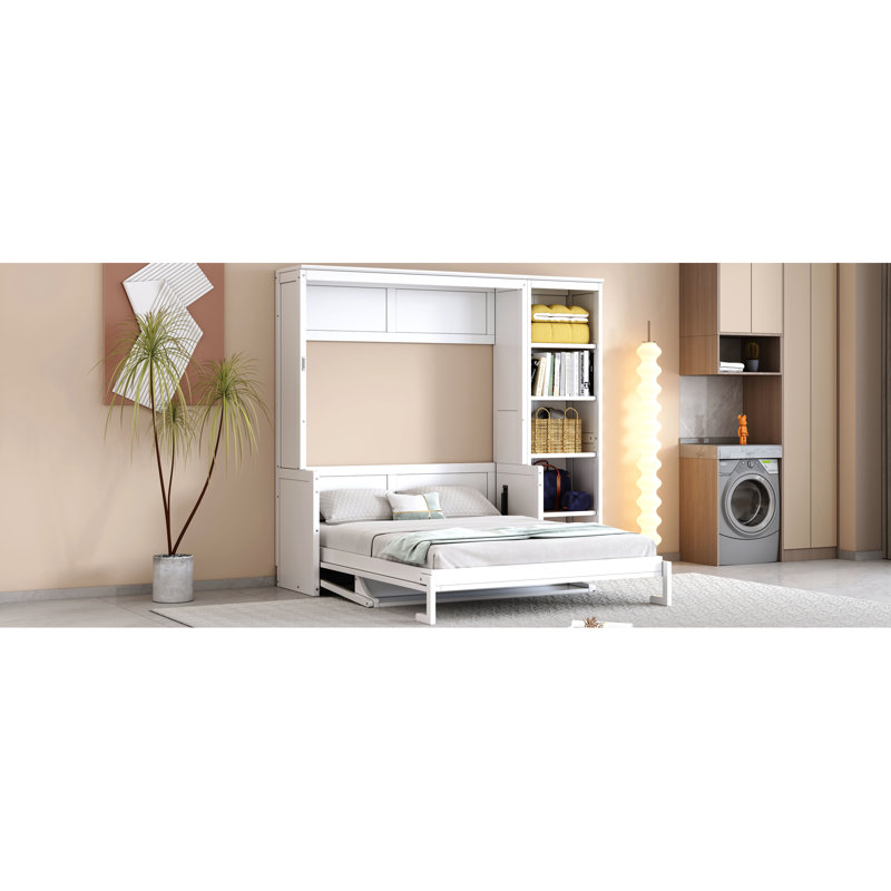 Lit double blanc avec bureau et rangement pour l'équipement de pêche, Blanc