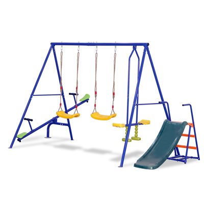 Swing Sets For Backyard, 5 In 1 Swing Set, Heavy-Duty Swingset Outdoor, 700LBS Metal Swing With Stand, Swing Set With Slide And Glider, 2 Blet Swings