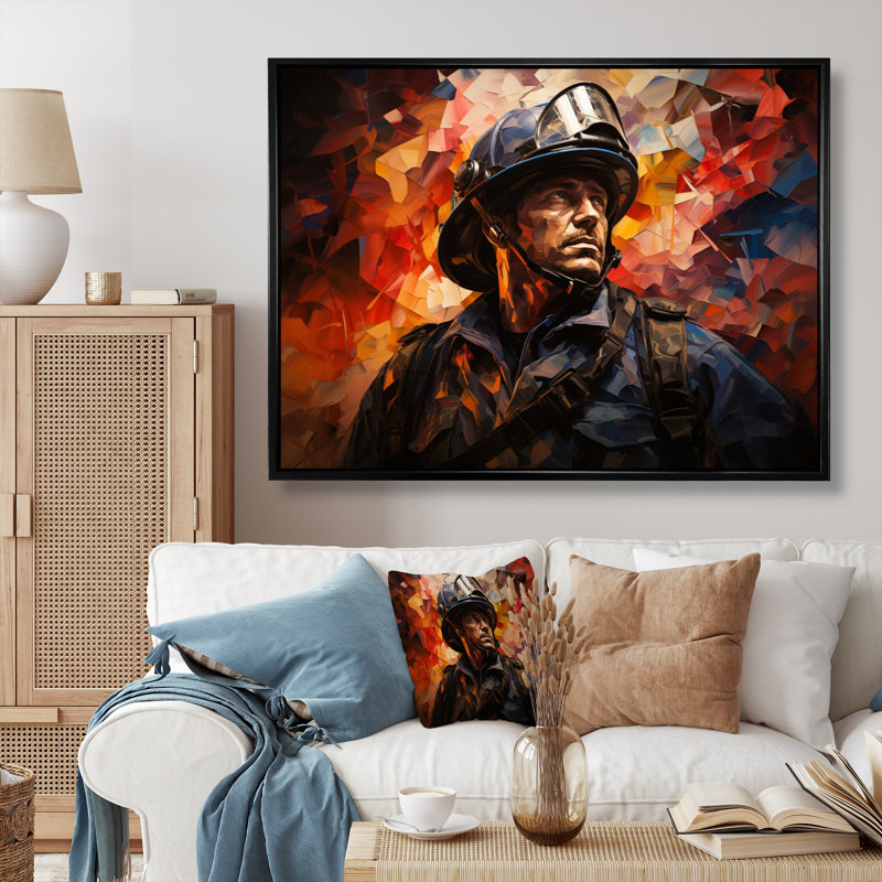 Portrait de pompier I sur toile, Cadre flottant noir, H 12 po x l 20 po x P 1 po